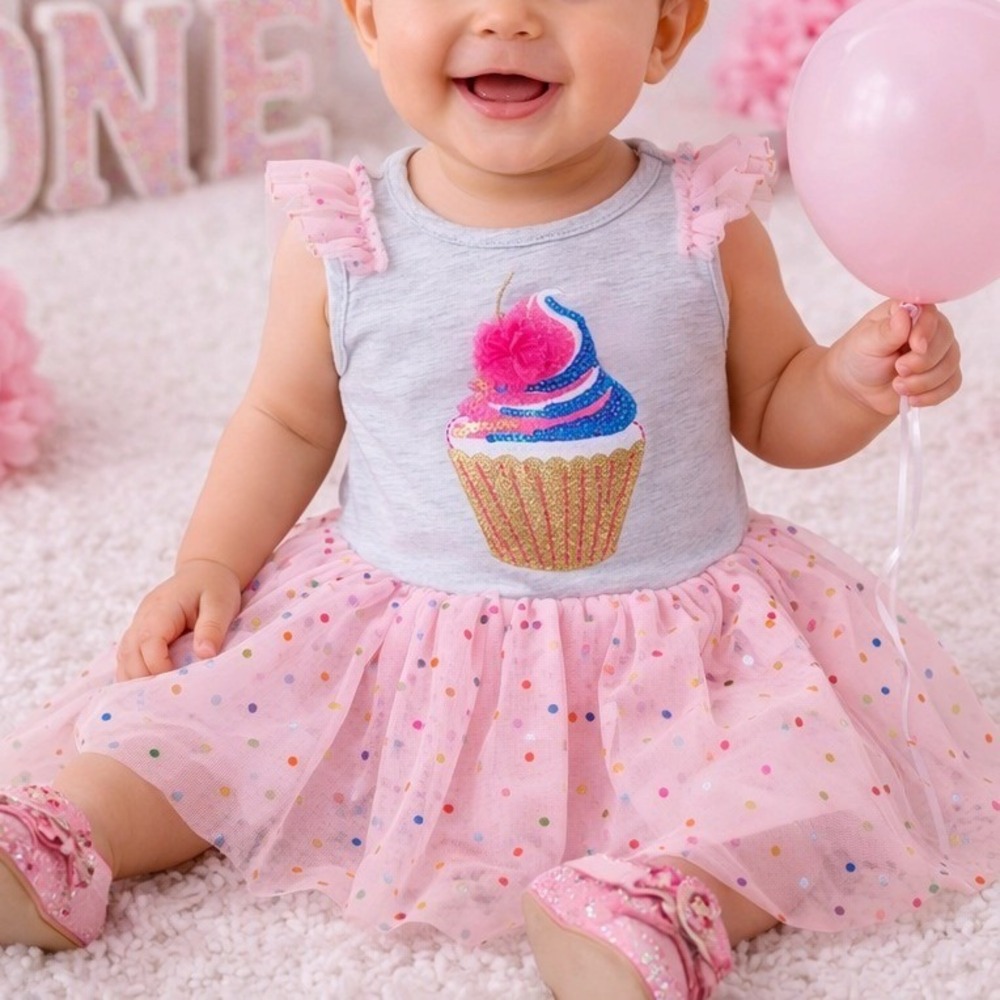 Rare‎ Editions 12M Cupcake First Birthday Dress Sequin Confetti Tulle Tutu